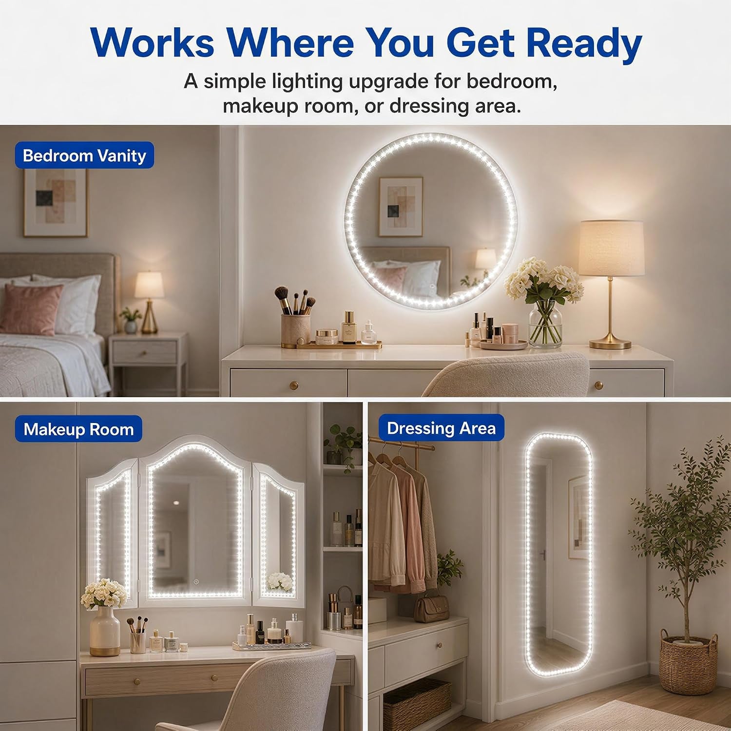 Vanity Lights for Mirror, 13FT Dimmable 6000K LED Light Strip | Stick on Makeup LED Lighting, LED Vanity Lights Strips for Mirror for Bedroom Bathroom Vanity Table (Mirror Not Included)