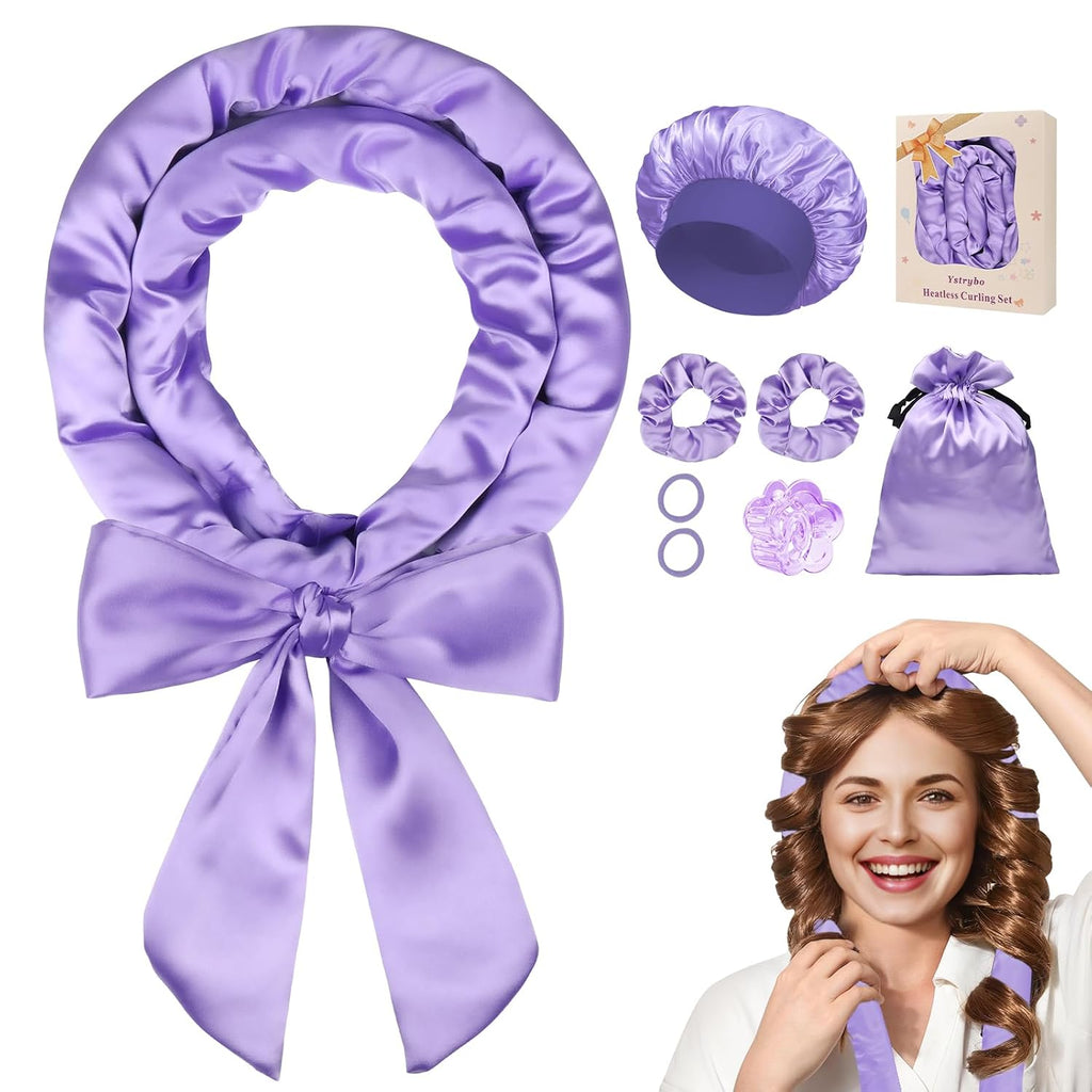 Satin Heatless Hair Curler Curls Overnight Hair Curlers to Sleep In, Hair Curlers No Heat Curls Overnight, Heatless Curling Set for Women Long Hair - 8 Pcs (Purple)
