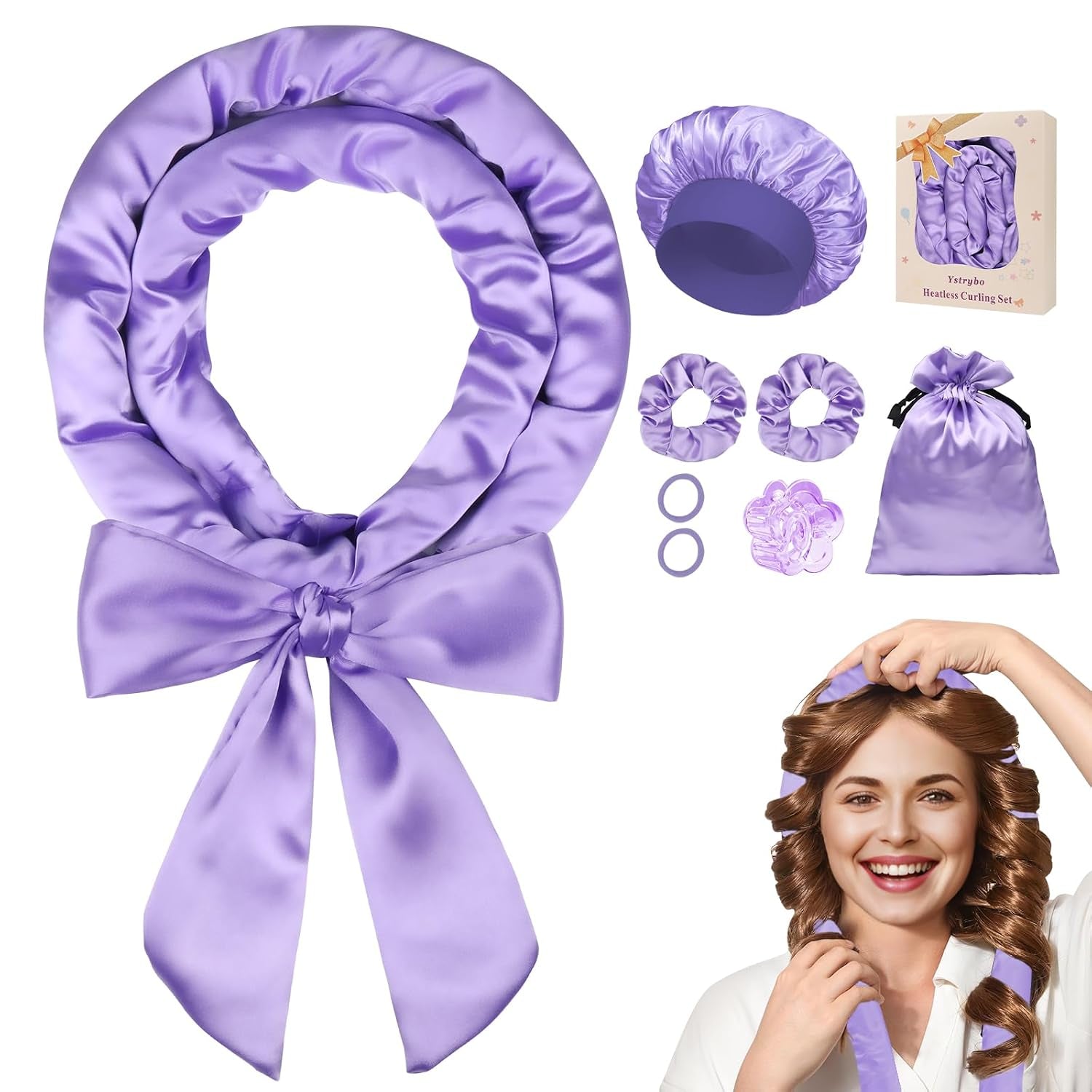 Satin Heatless Hair Curler Curls Overnight Hair Curlers to Sleep In, Hair Curlers No Heat Curls Overnight, Heatless Curling Set for Women Long Hair - 8 Pcs (Purple)