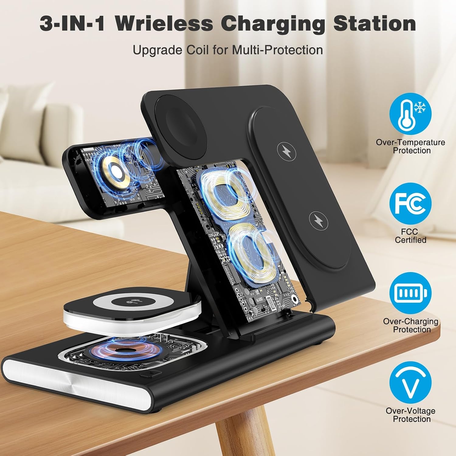 Wireless Charging Station for Iphone 15 Pro Max/14/13/12/11, 25W 3-In-1 Charger Stand ＆ USB C Cable 3Ft, Wireless Charging Dock for Iwatch Ultra 9 8 7 6 5 4 3 SE, Airpods Pro 3/2, Samsung