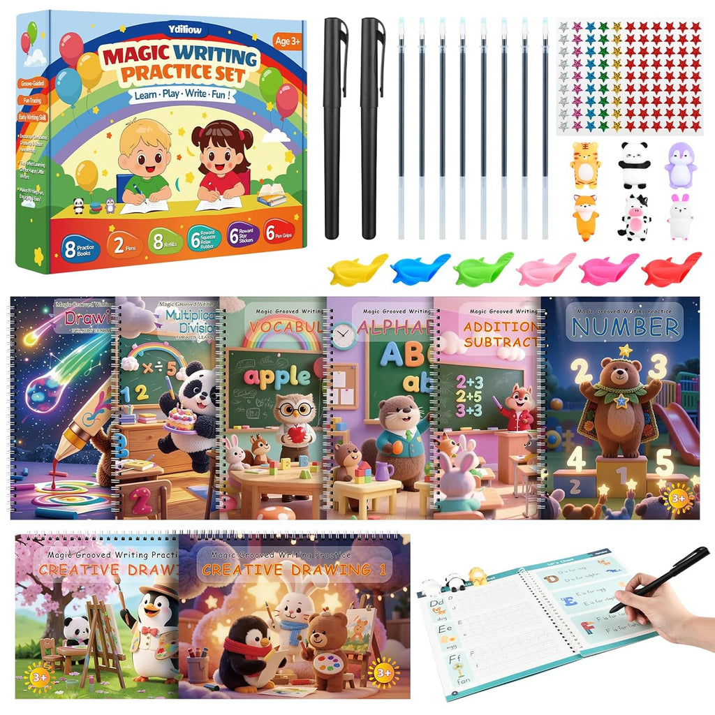 Motor Magic Happy Writer System - Magic Grooved Handwriting Practice for Kids Ages 3-8, 8 Book Reusable Workbooks, 3D Calligraphy Writing Set with Disappearing Ink, Little Explorer Preschool Learning