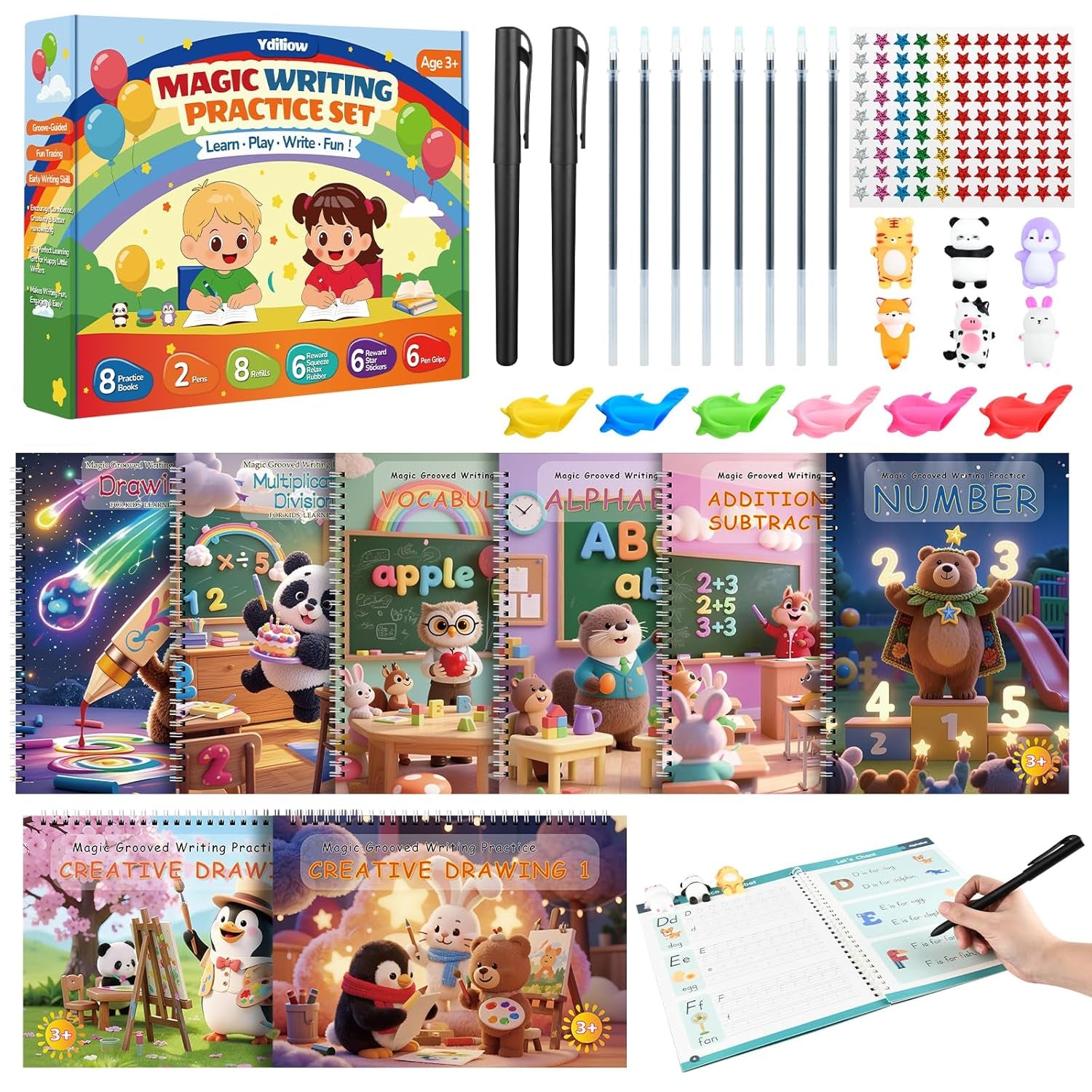 Motor Magic Happy Writer System - Magic Grooved Handwriting Practice for Kids Ages 3-8, 8 Book Reusable Workbooks, 3D Calligraphy Writing Set with Disappearing Ink, Little Explorer Preschool Learning
