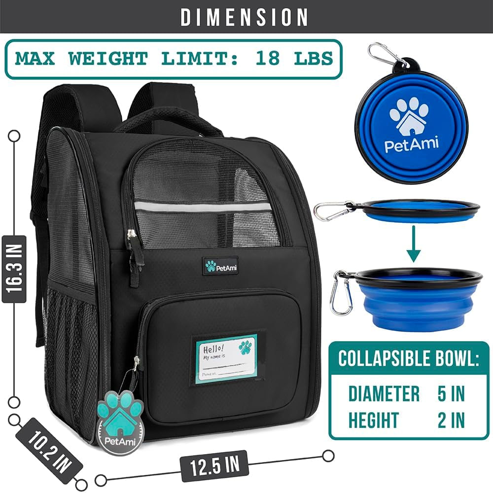 Dog Backpack Carrier for Small Medium Dogs Large Cats up to 18 Lbs, 2 Side Entry, Structured No-Collapse Frame, Airline Approved Ventilated Pet Backpack for Hiking Camping Travel Vet, Black