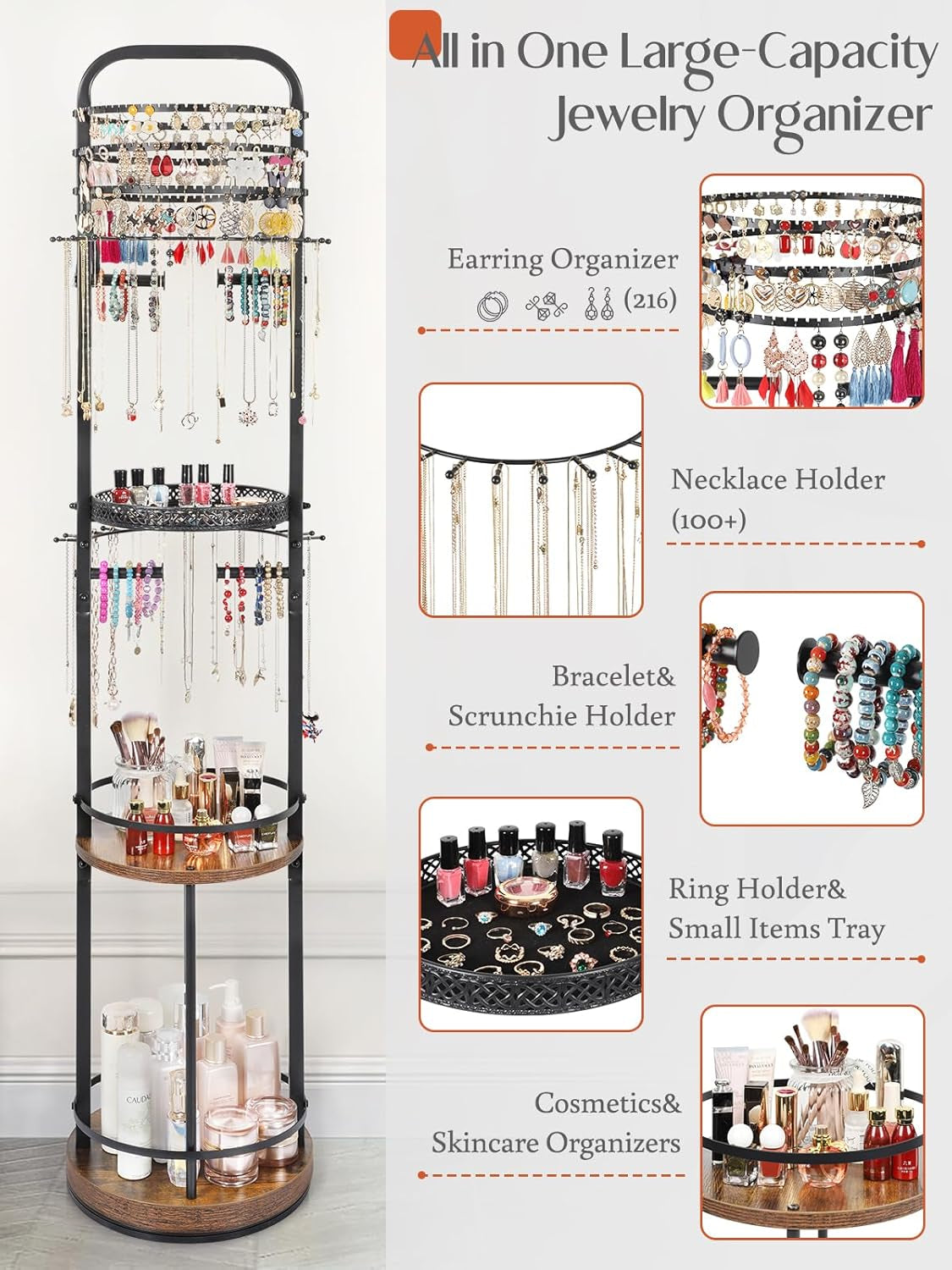 Hanging Jewelry Organizer and Makeup Organizer Black