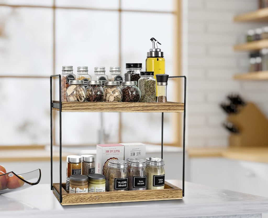 2 Tier Bathroom Organizer, Bathroom Rack for Countertop, Wooden Double Tray for Kitchen Spice, Rustic Storage Shelf for Bathroom, Vanity, Kitchen, Coffee Bar
