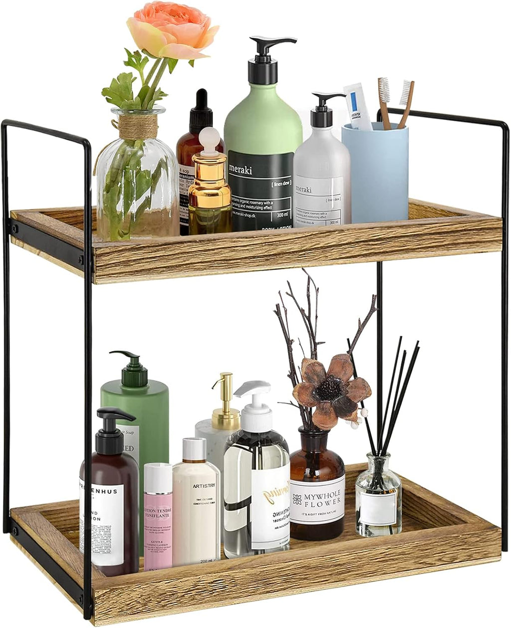 2 Tier Bathroom Organizer, Bathroom Rack for Countertop, Wooden Double Tray for Kitchen Spice, Rustic Storage Shelf for Bathroom, Vanity, Kitchen, Coffee Bar