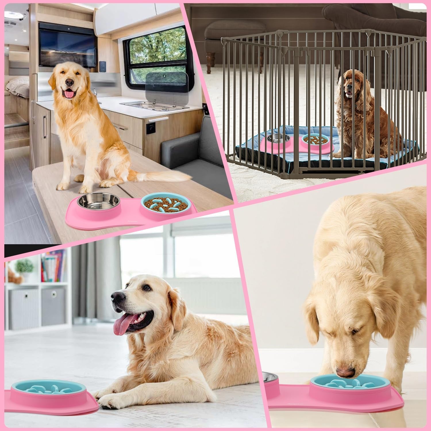 Slow Feeder Dog Bowls 3 in 1 Stainless Steel Dog Food and Water Bowls with Non-Spill Non-Skid Silicone Mat to Slow down Eating for Large Medium Small Breed Size Dogs and Cats (Pink Blue)