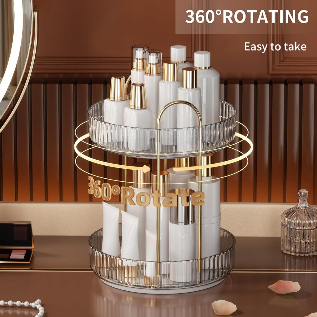 360 Rotating Makeup Organizer and Storage for Vanity Bathroom Countertop, High Capacity Cosmetic Skincare Perfume Organizers for Dresser Lazy Susan (Clear White,2 Tiers)