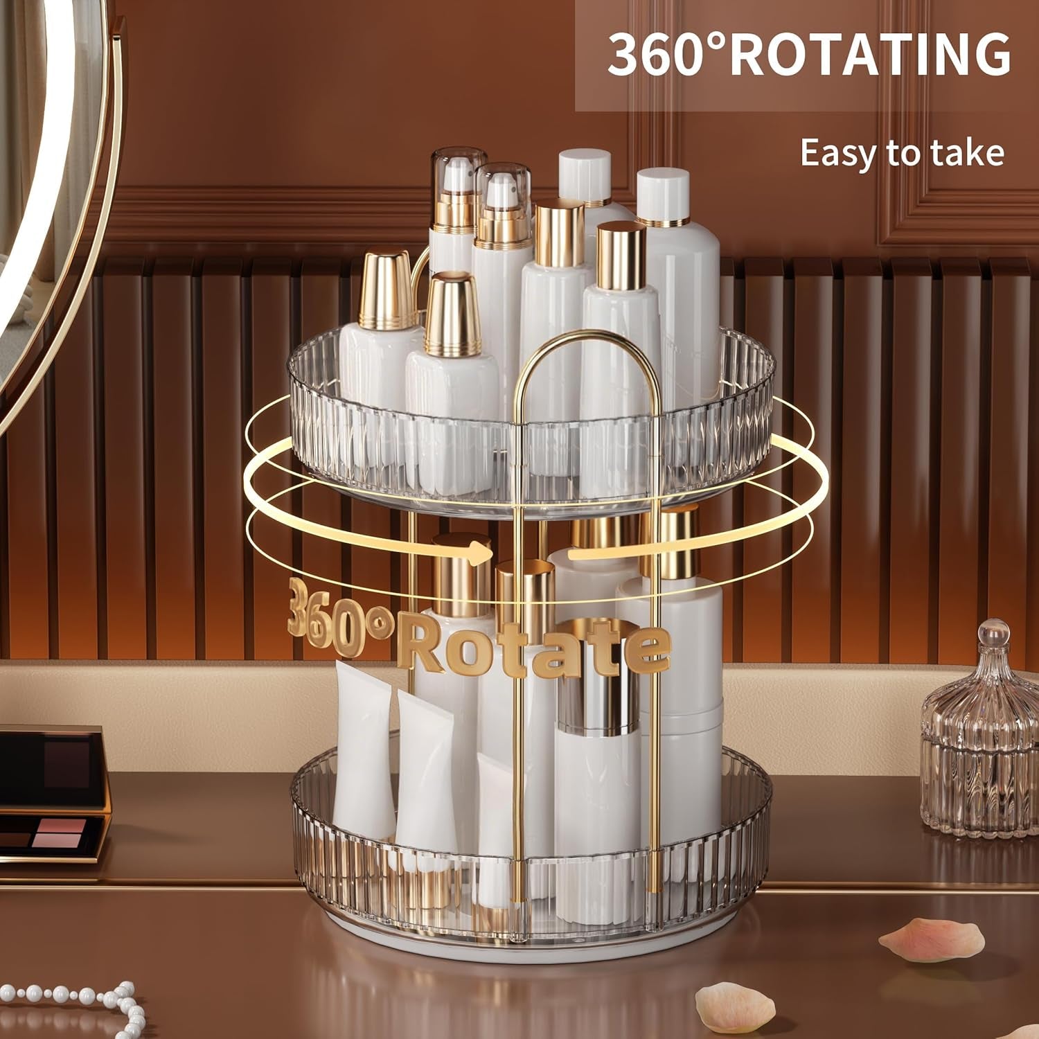 360 Rotating Makeup Organizer and Storage for Vanity Bathroom Countertop, High Capacity Cosmetic Skincare Perfume Organizers for Dresser Lazy Susan (Clear White,2 Tiers)