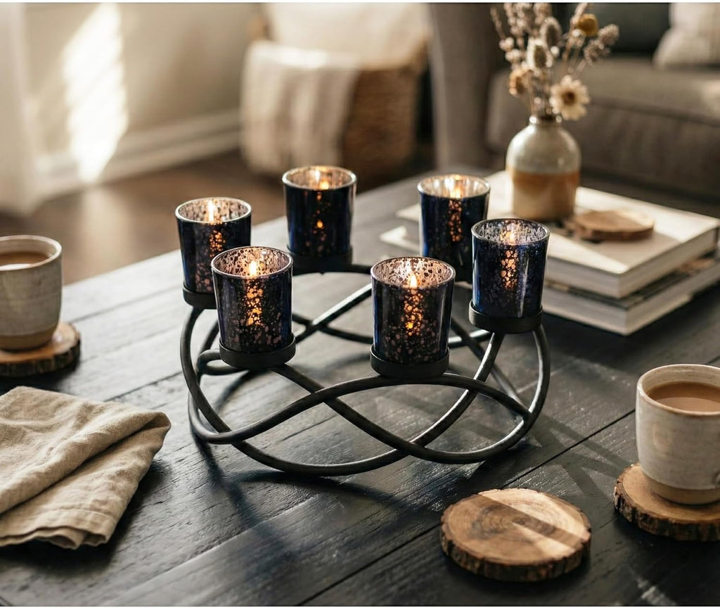 Halloween Decorations for Indoor Gothic Table Centerpieces, Black | Spooky Witchy Dining Decor, round Wrought Iron Candle Holder, 6 Votive Cups, Coffee & Kitchen Centerpiece, 10.5In Round