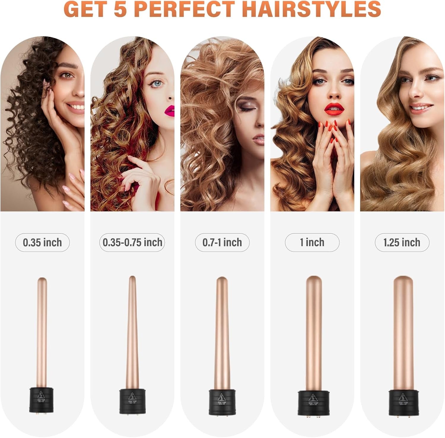 5 in 1 Wand Curling Iron Set, Ceramic Hair Curling Iron(0.35”-1.25”), Hair Curler for All Hairstyle, with Adjustable Temperature Dual Voltage, Instant Heat Up, with Glove & 2 Clips(Gold)
