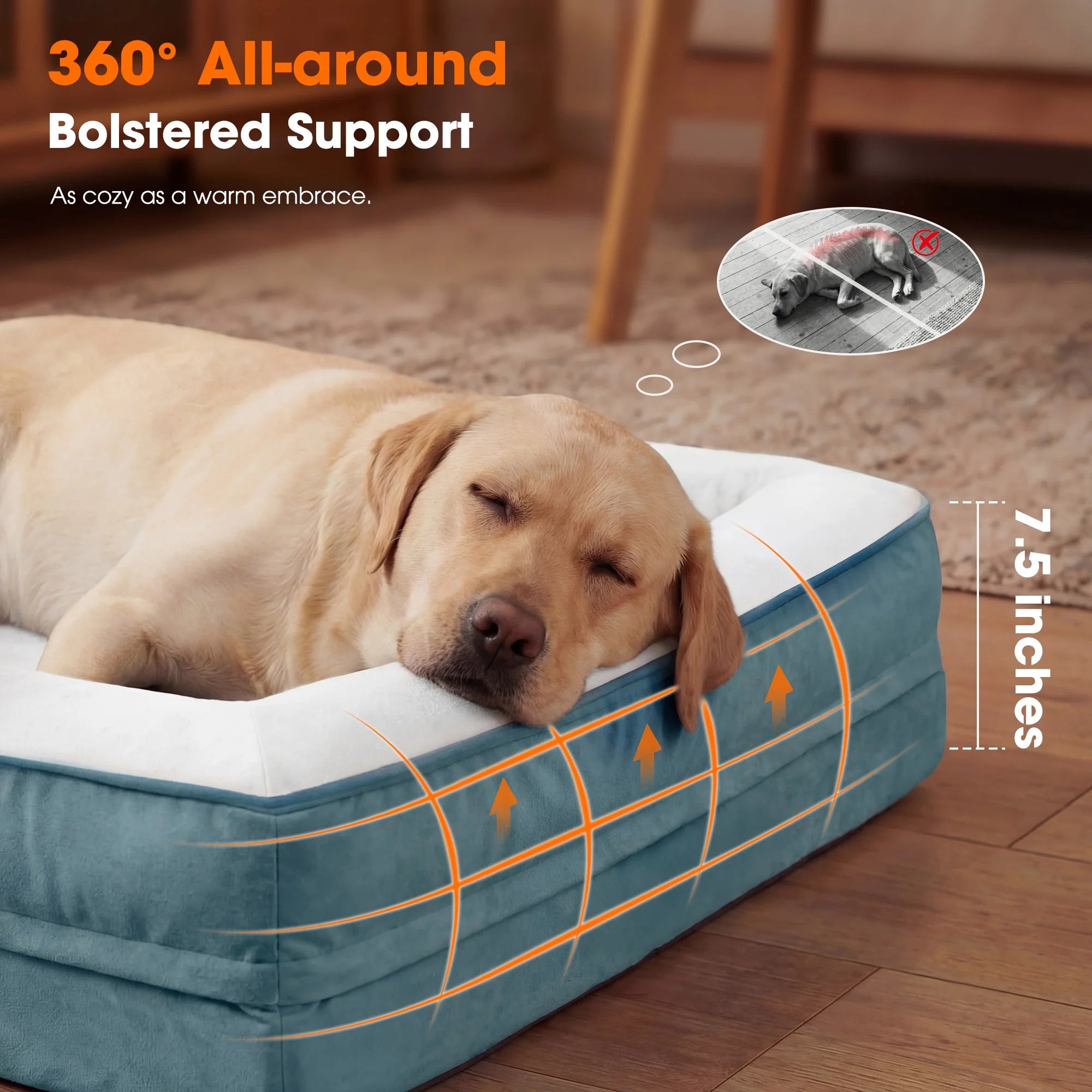Extra Large Orthopedic Dog Bed Waterproof Pet Sofa Bed Four-Sided Bolster Cushion with Removable Washable Cover for Big Dogs Blue