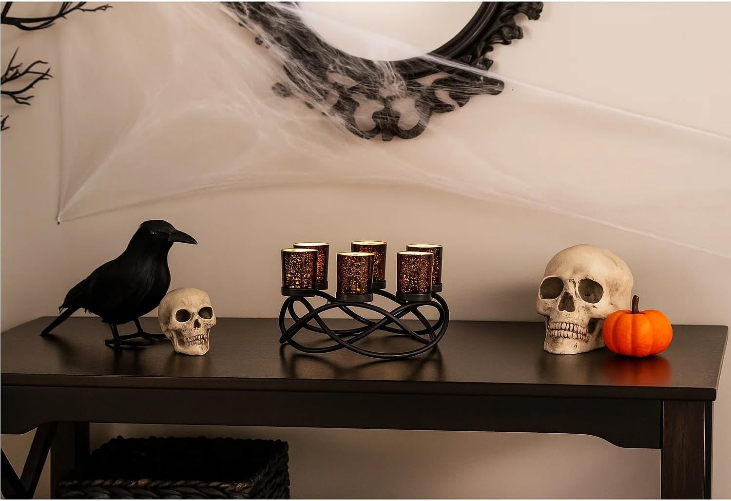Halloween Decorations for Indoor Gothic Table Centerpieces, Black | Spooky Witchy Dining Decor, round Wrought Iron Candle Holder, 6 Votive Cups, Coffee & Kitchen Centerpiece, 10.5In Round